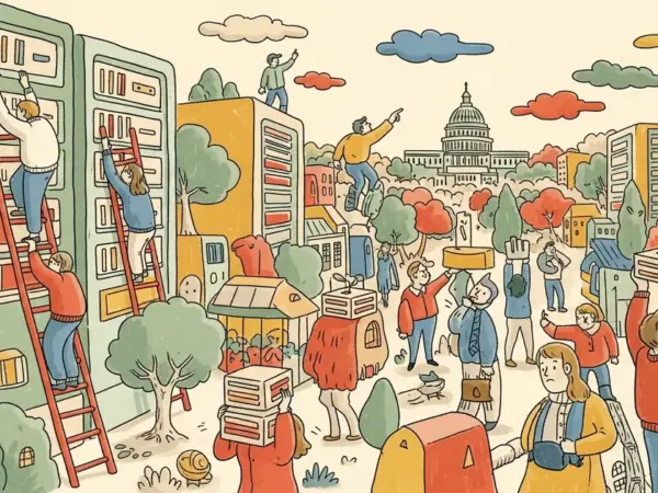 Editorial illustration for: Sanders and AOC Want to Ban New AI Data Centers Until Congress Acts