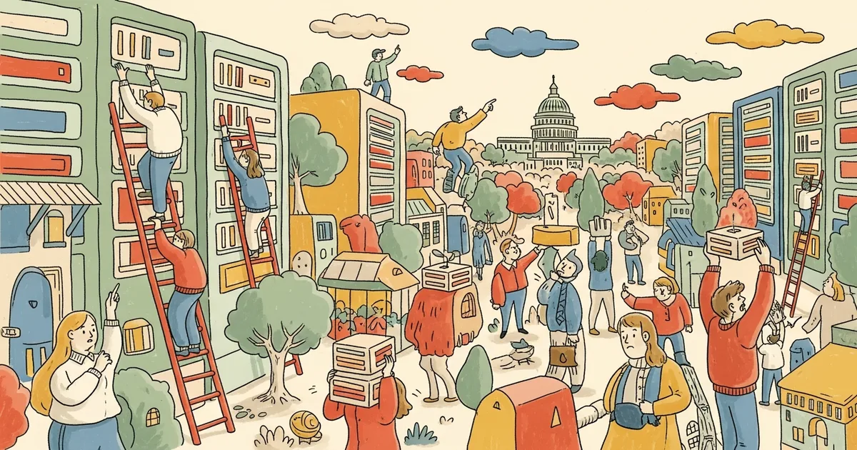 Editorial illustration for: Sanders and AOC Want to Ban New AI Data Centers Until Congress Acts