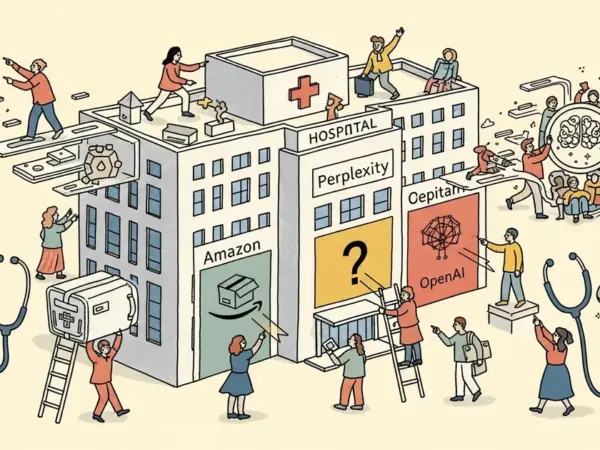 Editorial illustration for: Amazon, Perplexity and OpenAI Race to Become Healthcare's AI Front Door