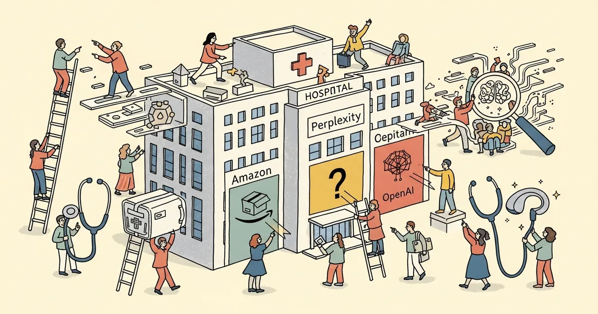 Editorial illustration for: Amazon, Perplexity and OpenAI Race to Become Healthcare's AI Front Door