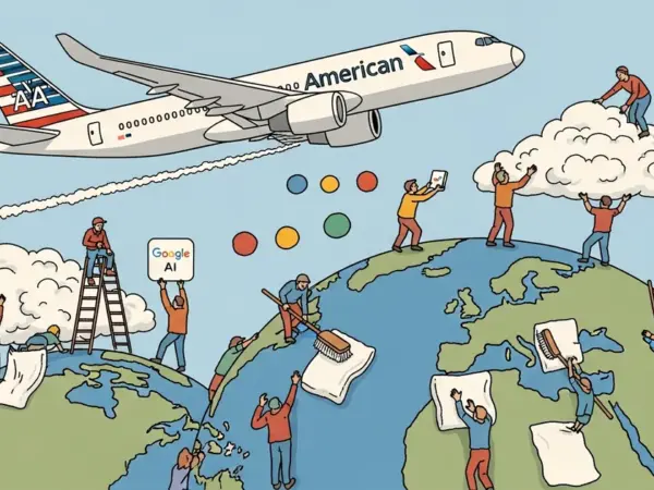 Editorial illustration for: American Airlines and Google AI Reduce Contrail Formation by 62 Percent on Transatlantic Flights