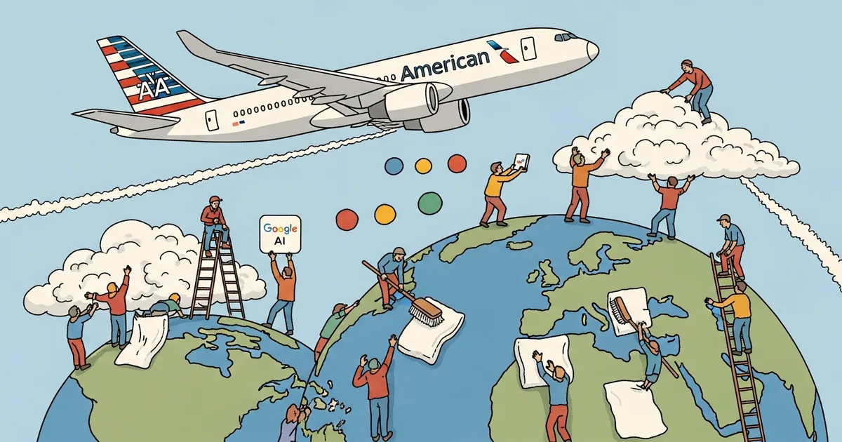 Editorial illustration for: American Airlines and Google AI Reduce Contrail Formation by 62 Percent on Transatlantic Flights