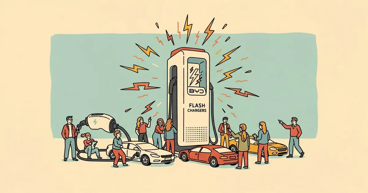 Editorial illustration for: BYD Flash Chargers Now Deliver 10-70% EV Battery Charge in 5 Minutes