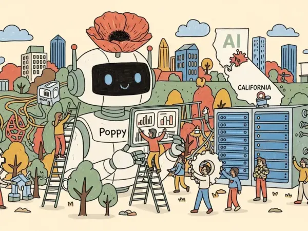 Editorial illustration for: California Launches AI Innovation Council and 'Poppy' Digital Assistant for State Workers
