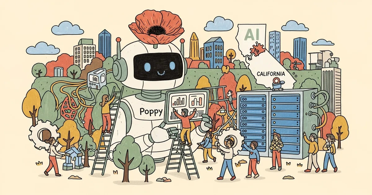 Editorial illustration for: California Launches AI Innovation Council and 'Poppy' Digital Assistant for State Workers