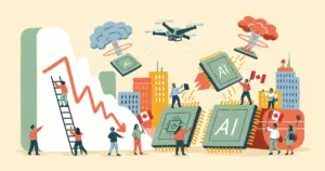 Editorial illustration for: Canadian Tech Stocks Set For Worst Quarter Since 2022 on AI, War