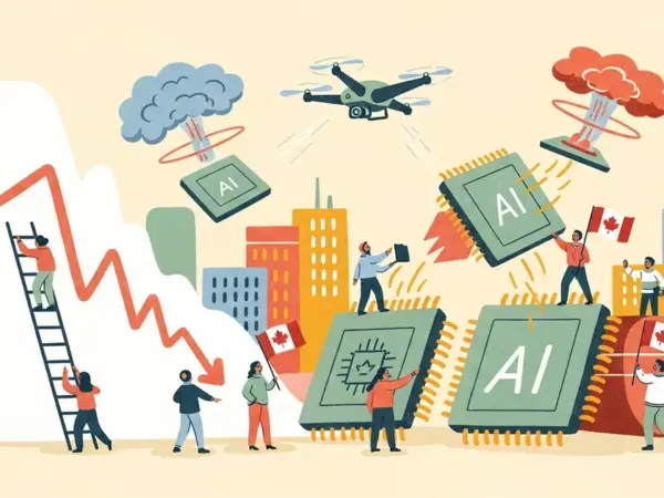 Editorial illustration for: Canadian Tech Stocks Set For Worst Quarter Since 2022 on AI, War