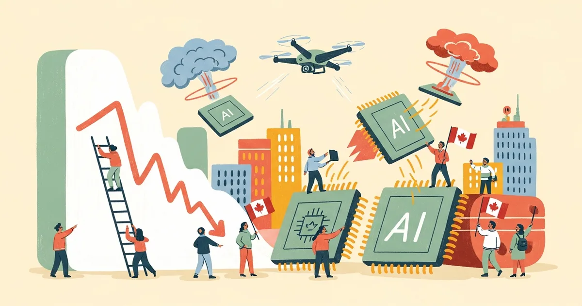 Editorial illustration for: Canadian Tech Stocks Set For Worst Quarter Since 2022 on AI, War