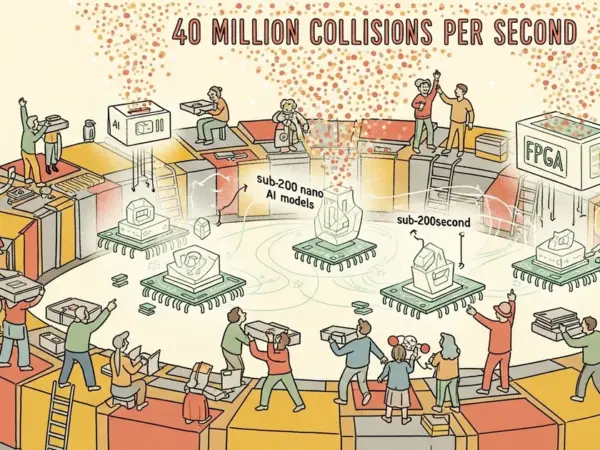 Editorial illustration for: CERN Deploys Sub-200 Nanosecond AI Models on FPGAs to Filter 40 Million Collisions Per Second at