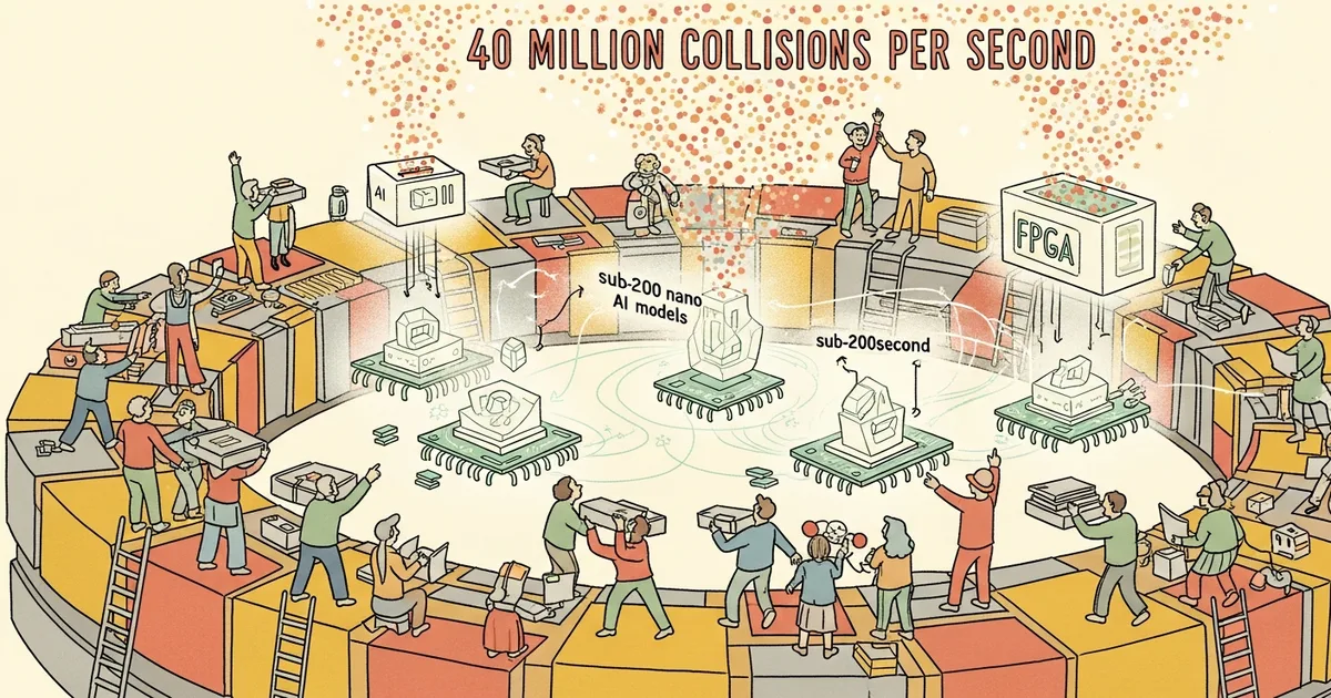 Editorial illustration for: CERN Deploys Sub-200 Nanosecond AI Models on FPGAs to Filter 40 Million Collisions Per Second at