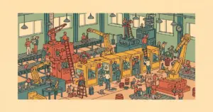 Editorial illustration for: Inside China's Secret Robot Training Factories