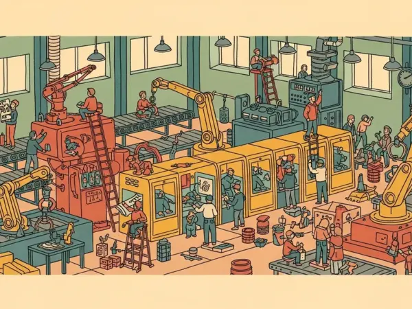 Editorial illustration for: Inside China's Secret Robot Training Factories