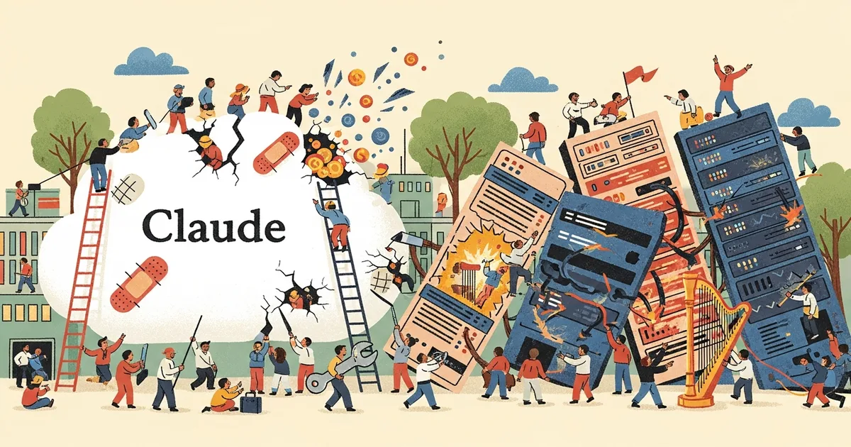 Editorial illustration for: Claude Suffered Eight Major Outages in March 2026 as Demand Overwhelmed Infrastructure