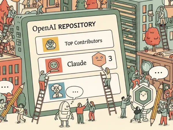 Editorial illustration for: Claude Appears as Third Top Contributor on OpenAI Repository, Sparking Viral Debate