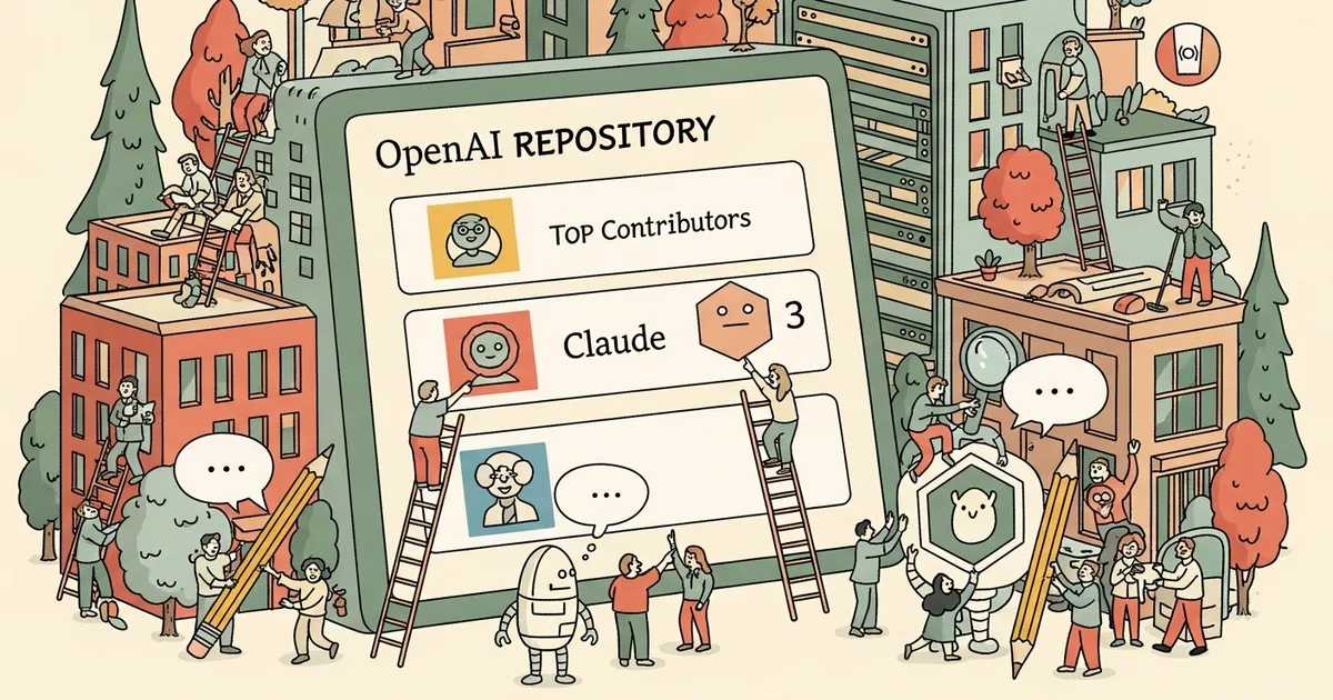 Editorial illustration for: Claude Appears as Third Top Contributor on OpenAI Repository, Sparking Viral Debate