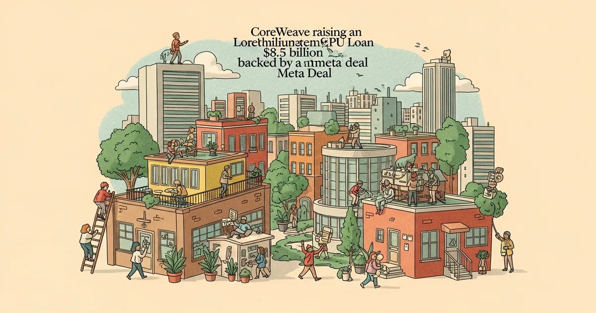 Editorial illustration for: CoreWeave Raises $8.5 Billion GPU Loan Backed by Meta Deal