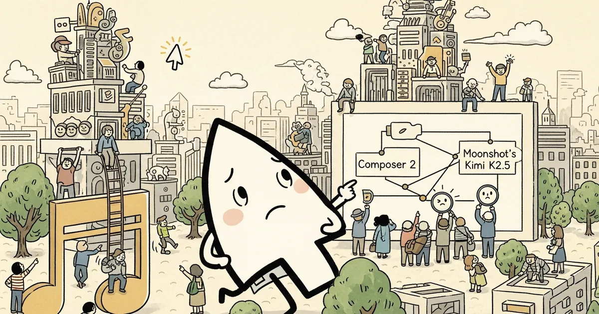 Editorial illustration for: Cursor Faces Backlash for Not Disclosing That Composer 2 Is Built on Moonshot's Kimi K2.5