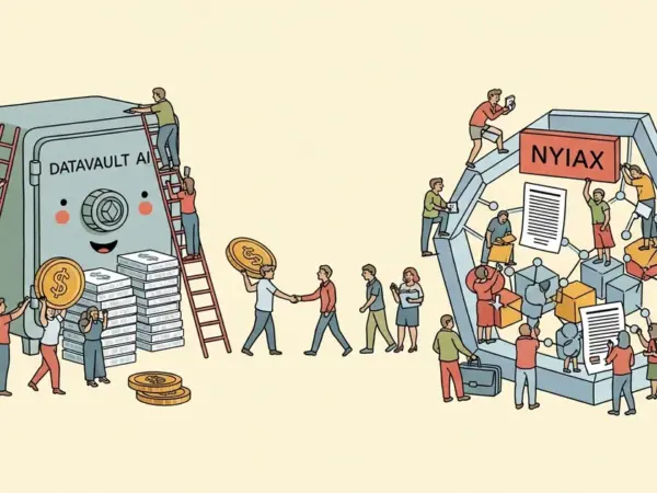 Editorial illustration for: Datavault AI to Acquire NYIAX in All-Stock Deal, Combining AI Data Monetization with Blockchain T