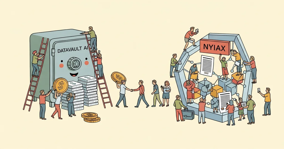 Editorial illustration for: Datavault AI to Acquire NYIAX in All-Stock Deal, Combining AI Data Monetization with Blockchain T