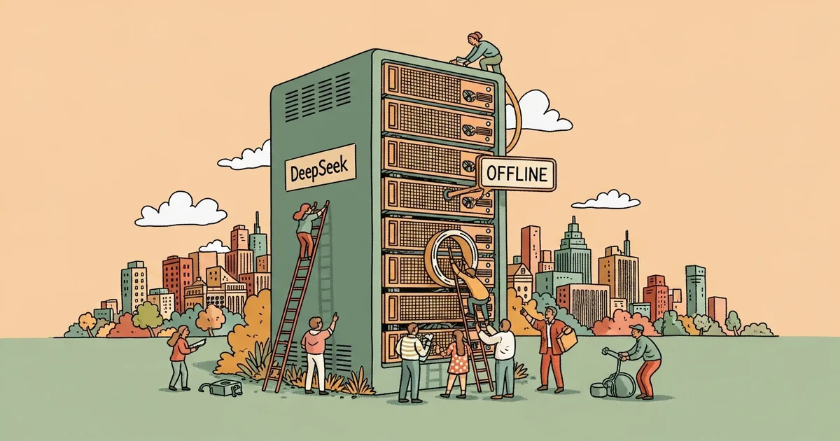 Editorial illustration for: DeepSeek Goes Down for Seven Hours in Biggest Outage Since Debut