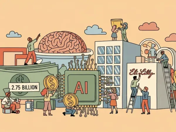 Editorial illustration for: Eli Lilly signs $2.75 billion deal with AI drug developer Insilico Medicine