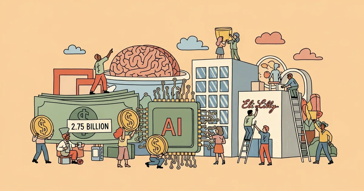 Editorial illustration for: Eli Lilly signs $2.75 billion deal with AI drug developer Insilico Medicine