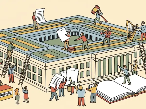 Editorial illustration for: Federal Judge Blocks Pentagon Ban on Anthropic, Calls Supply Chain Risk Label Unprecedented