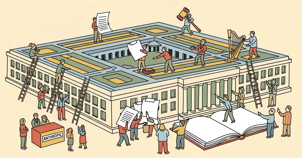 Editorial illustration for: Federal Judge Blocks Pentagon Ban on Anthropic, Calls Supply Chain Risk Label Unprecedented