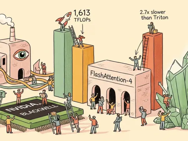 Editorial illustration for: FlashAttention-4 Achieves 1,613 TFLOPs on NVIDIA Blackwell, 2.7x Faster Than Triton