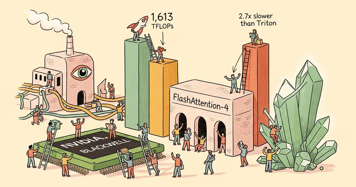 Editorial illustration for: FlashAttention-4 Achieves 1,613 TFLOPs on NVIDIA Blackwell, 2.7x Faster Than Triton