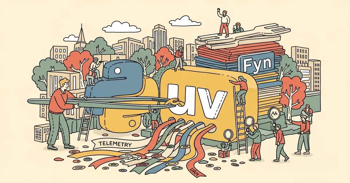 Editorial illustration for: Fyn Fork Strips Telemetry from uv Python Package Manager