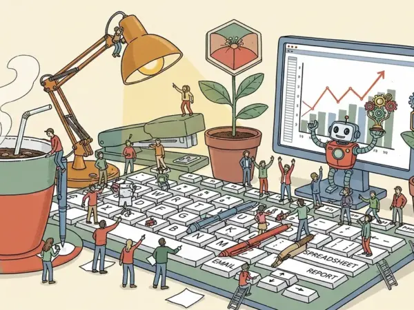 Editorial illustration for: GPT-5.4 Beat Humans at Real Desktop Work. Here's What That Means.