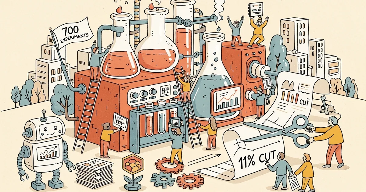 Editorial illustration for: Karpathy's AutoResearch Agent Runs 700 Experiments in Two Days, Cuts GPT-2 Training Time 11%
