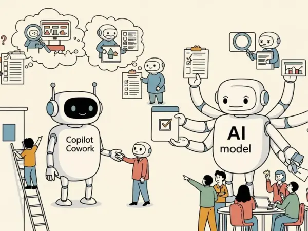 Editorial illustration for: Microsoft rolls out Copilot Cowork more broadly and lets AI models check each other's work