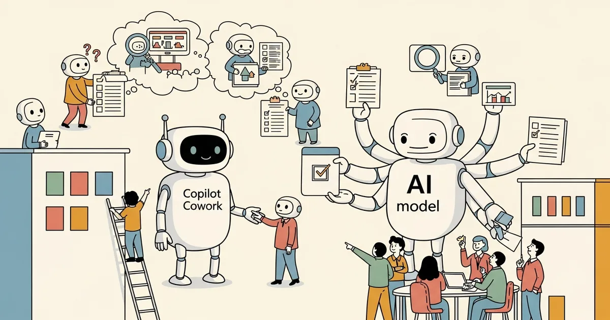 Editorial illustration for: Microsoft rolls out Copilot Cowork more broadly and lets AI models check each other's work