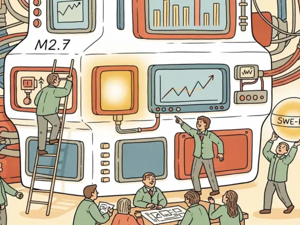 Editorial illustration for: MiniMax Releases M2.7 with Self-Evolving Training, Scores 56% on SWE-Pro Benchmark