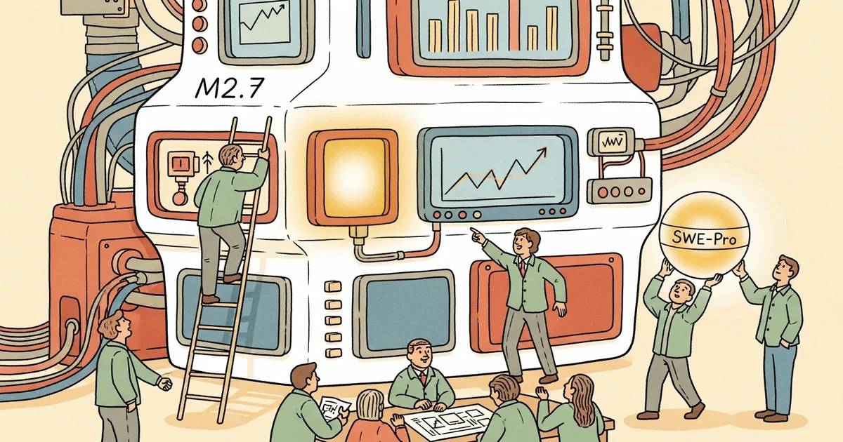 Editorial illustration for: MiniMax Releases M2.7 with Self-Evolving Training, Scores 56% on SWE-Pro Benchmark