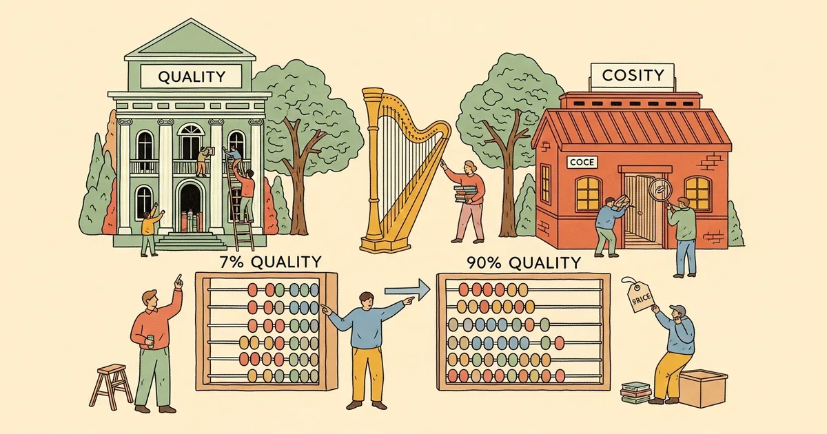 Editorial illustration for: MiniMax M2.7 Delivers 90% of Claude Opus Quality at 7% of the Cost