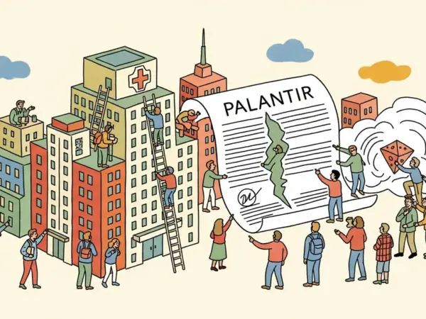 Editorial illustration for: New York City Public Hospitals Drop Palantir Contract Amid Growing Data Privacy Concerns