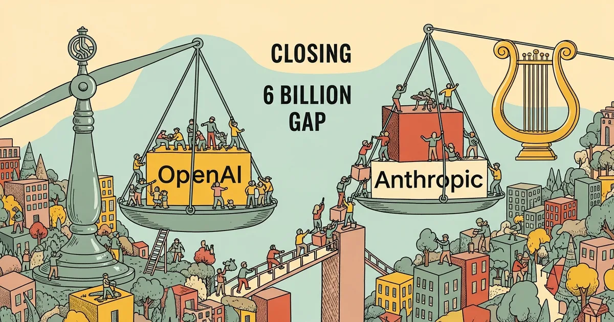 Editorial illustration for: OpenAI vs Anthropic: The $6 Billion Gap Is Closing Fast