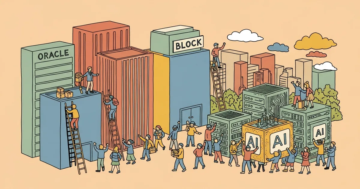 Editorial illustration for: Oracle Is Cutting 30,000 Jobs to Buy AI Servers. Block Cut 4,000 More.