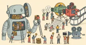 Editorial illustration for: SAG-AFTRA Proposes 'Tilly Tax' on AI Film Characters in Contract Talks