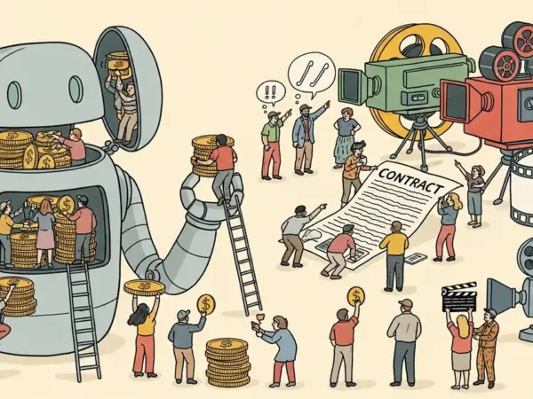 Editorial illustration for: SAG-AFTRA Proposes 'Tilly Tax' on AI Film Characters in Contract Talks