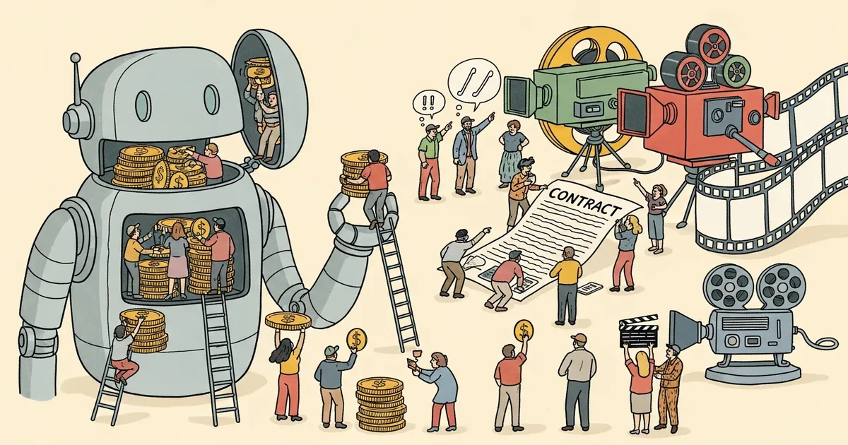 Editorial illustration for: SAG-AFTRA Proposes 'Tilly Tax' on AI Film Characters in Contract Talks