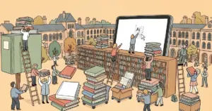 Editorial illustration for: UK School Uses AI to Remove 200 Books Including Orwell's 1984 From Library