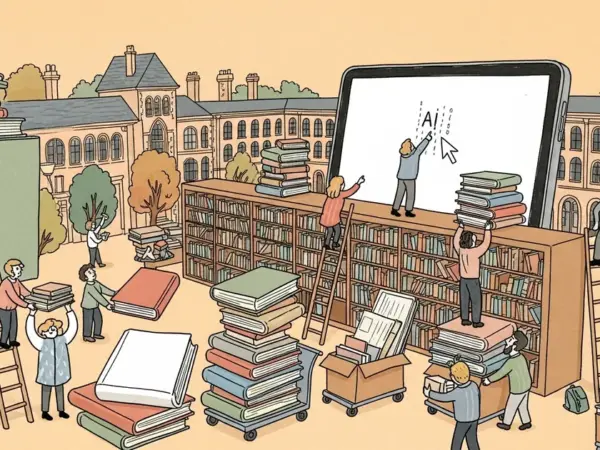 Editorial illustration for: UK School Uses AI to Remove 200 Books Including Orwell's 1984 From Library
