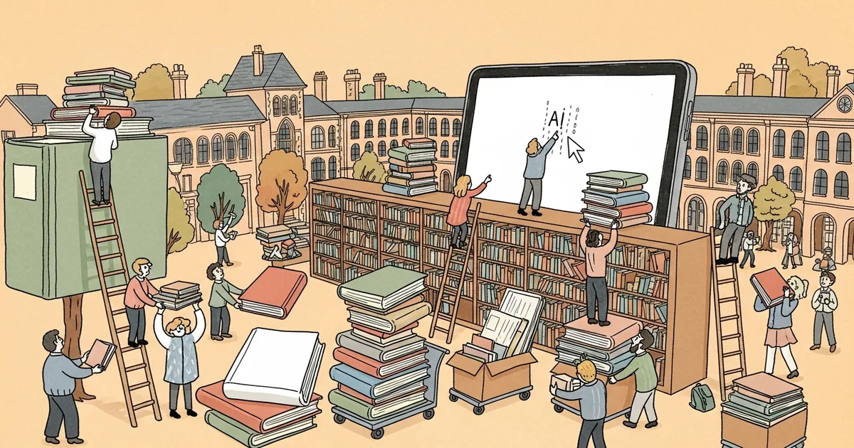 Editorial illustration for: UK School Uses AI to Remove 200 Books Including Orwell's 1984 From Library