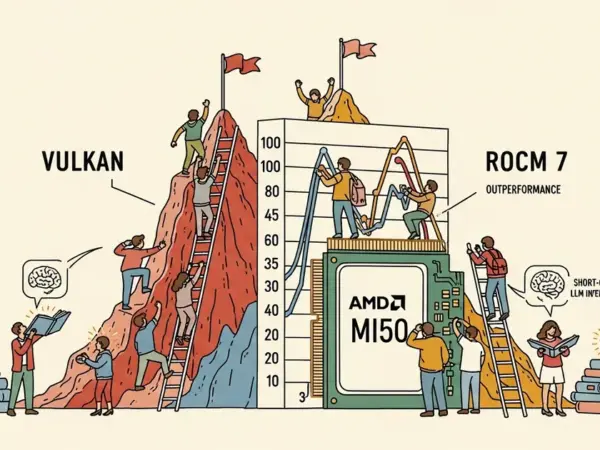 Editorial illustration for: Benchmarks Show Vulkan Outperforms ROCm 7 for Short-Context LLM Inference on AMD MI50