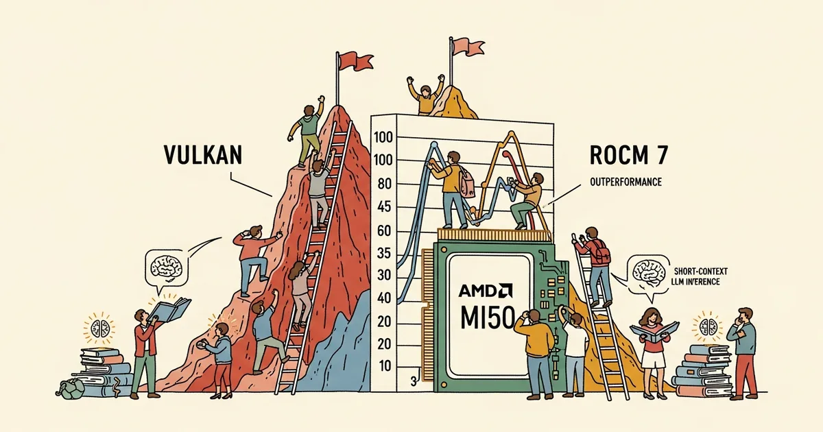 Editorial illustration for: Benchmarks Show Vulkan Outperforms ROCm 7 for Short-Context LLM Inference on AMD MI50
