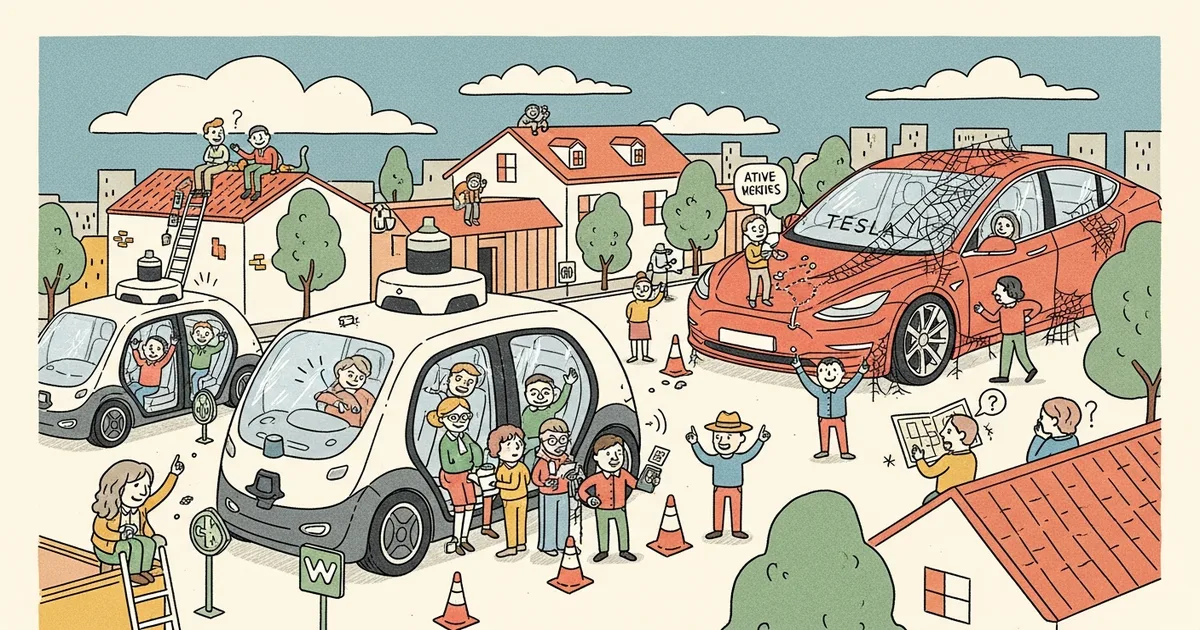 Editorial illustration for: Waymo Hits 500,000 Paid Rides Per Week — Tesla Still Isn't Running